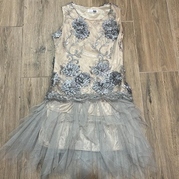 Embroidered Dress Mini Gown Beige Silver Tulle Formal Dance Homecoming Hoco - Picture 9 of 12